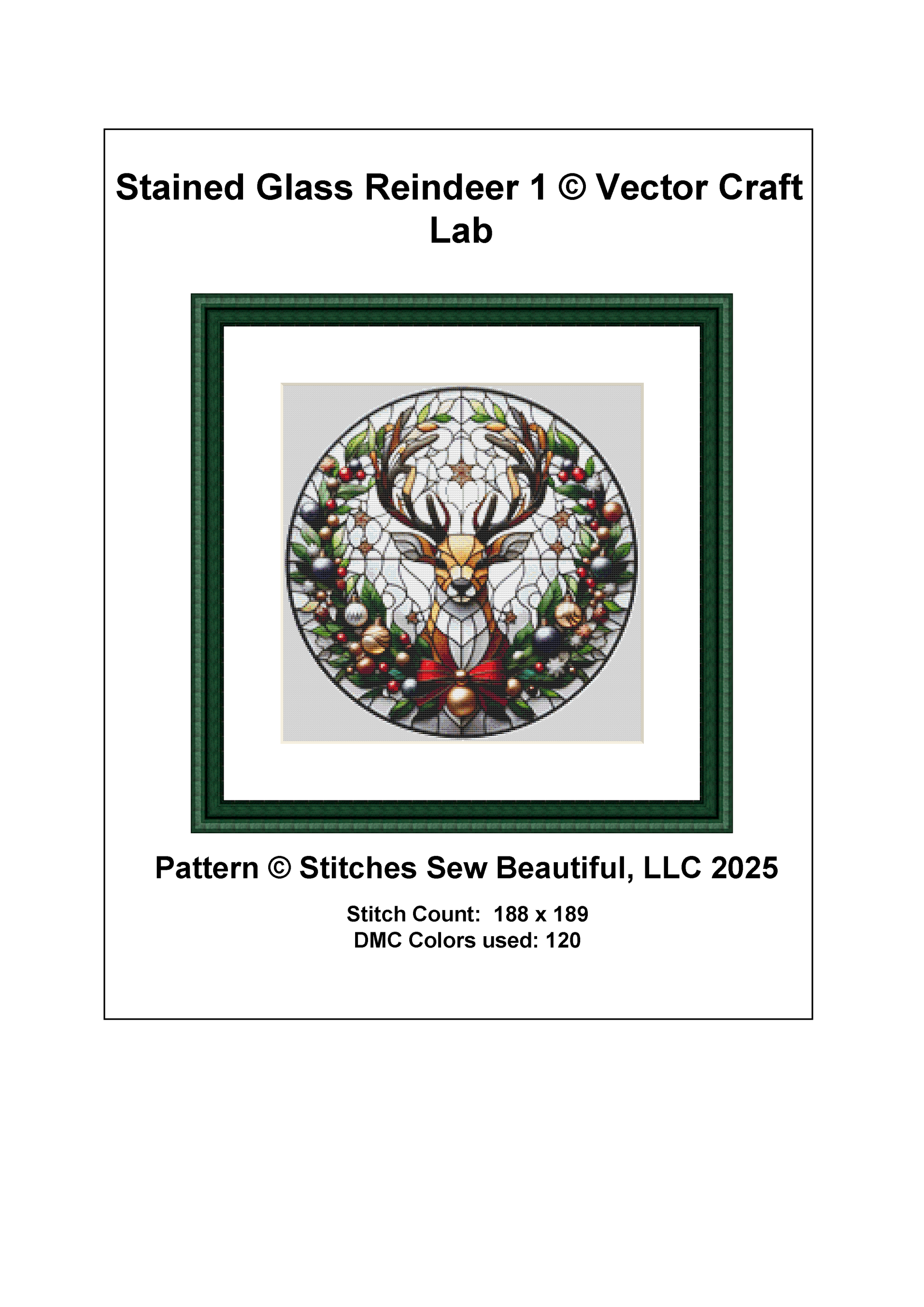 Stained Glass Reindeer 1 (Ornament) counted cross stitch pattern by Vector Craft Lab
