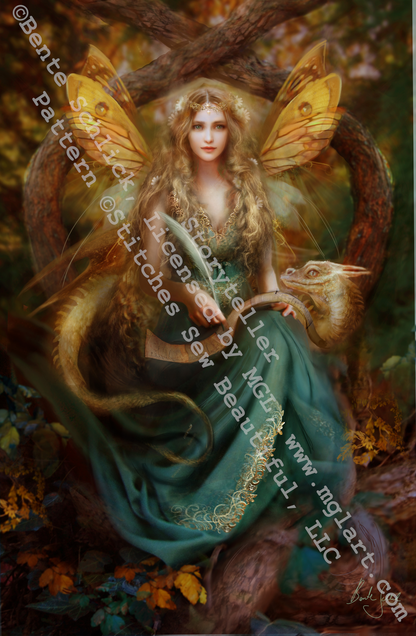 "Storyteller" cross stitch pattern by Bente Schlick, Licensed by MGL, www.mglart.com