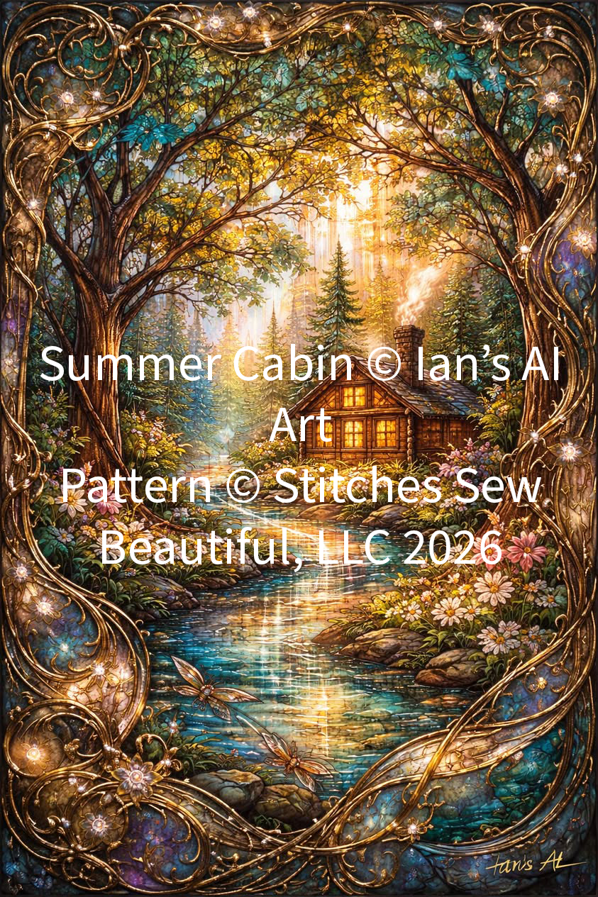 "Summer Cabin" cross stitch pattern by Ian's AI Art