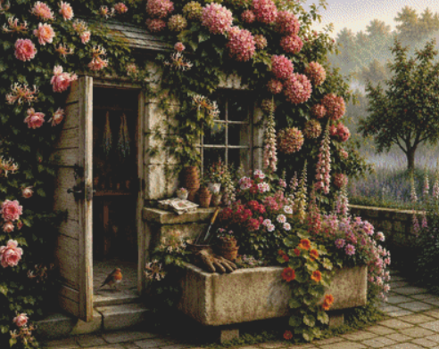The Forgotten Potting Shed counted cross stitch pattern by Ian's AI Art