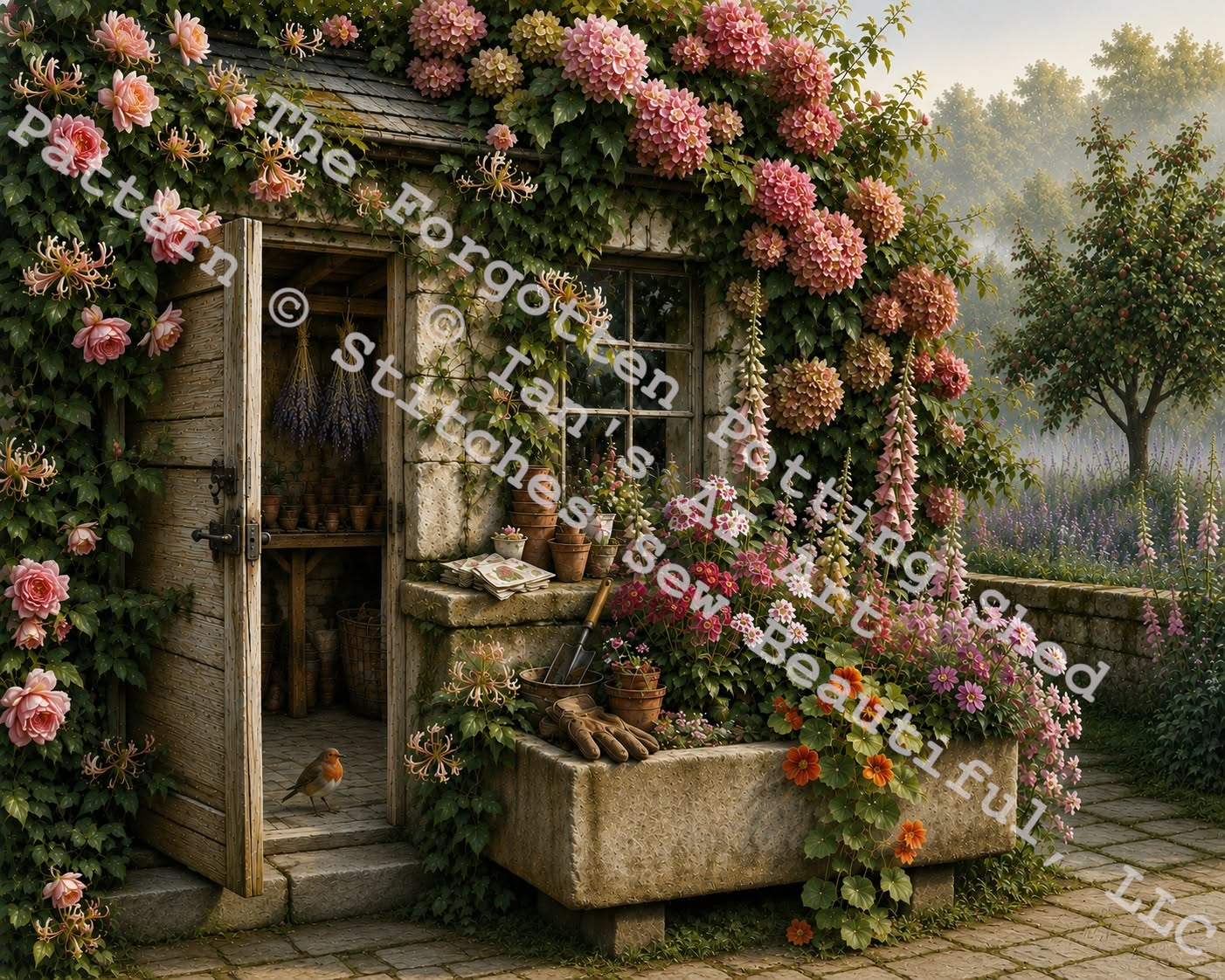 The Forgotten Potting Shed counted cross stitch pattern by Ian's AI Art