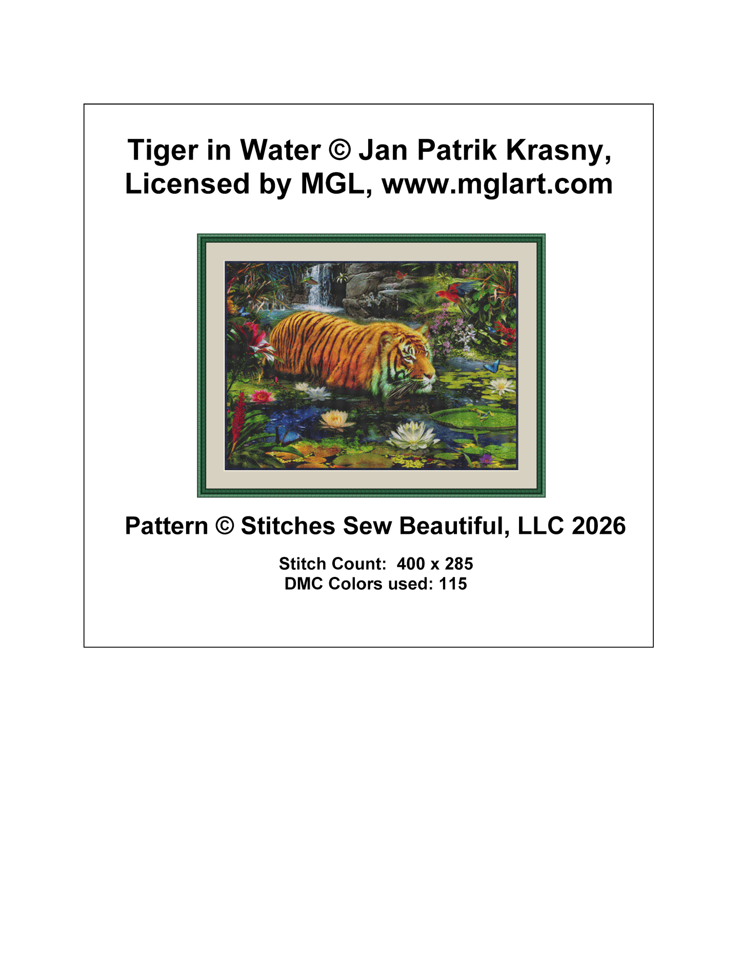 Tiger in Water counted cross stitch pattern by Jan Patrik Krasny, Licensed by MGL, www.mglart.com
