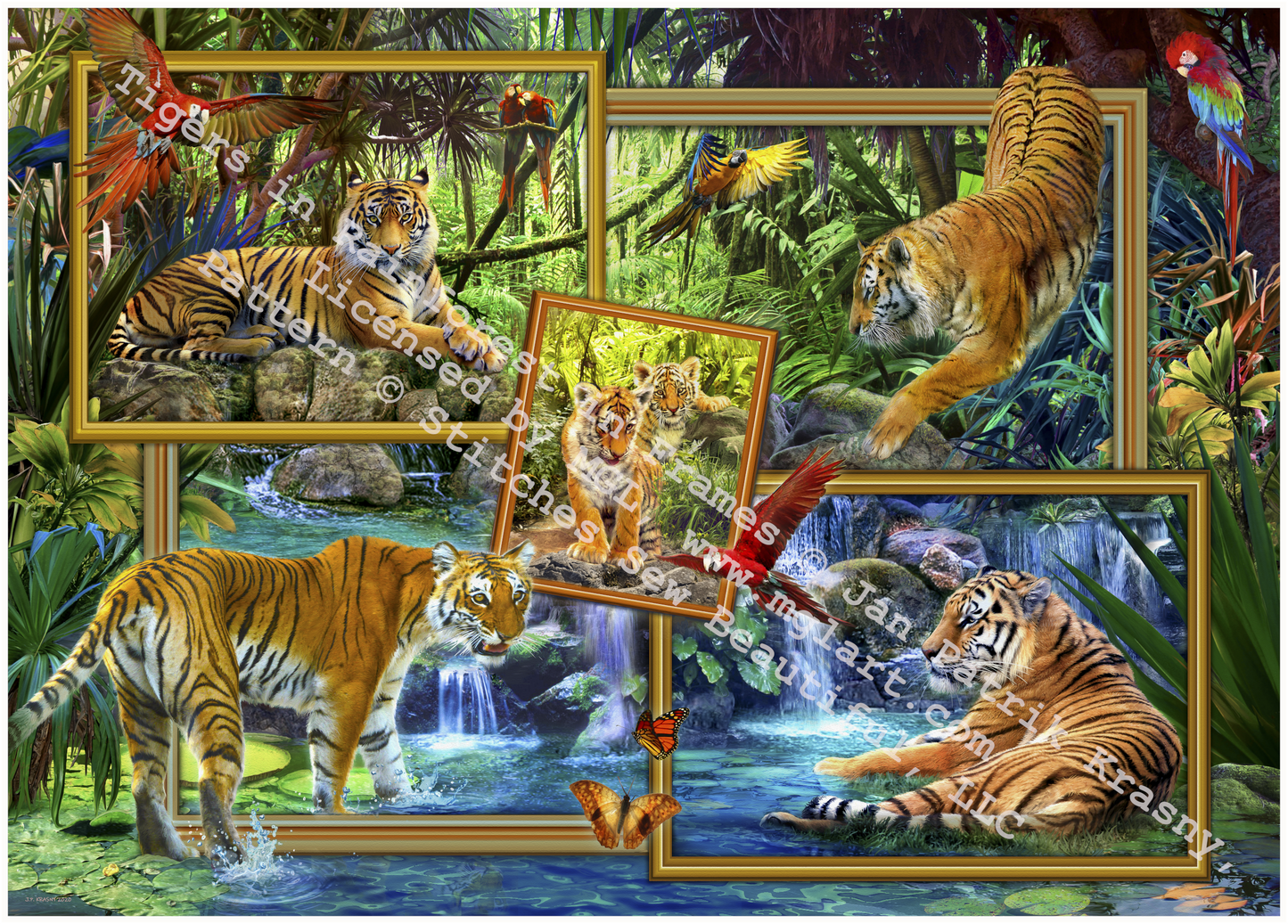 Tigers in Rainforest in Frames counted cross stitch pattern by Jan Patrik Krasny, Licensed by MGL, www.mglart.com
