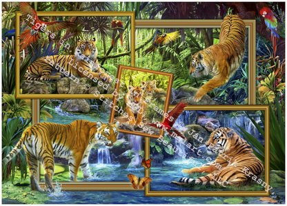 Tigers in Rainforest in Frames counted cross stitch pattern by Jan Patrik Krasny, Licensed by MGL, www.mglart.com