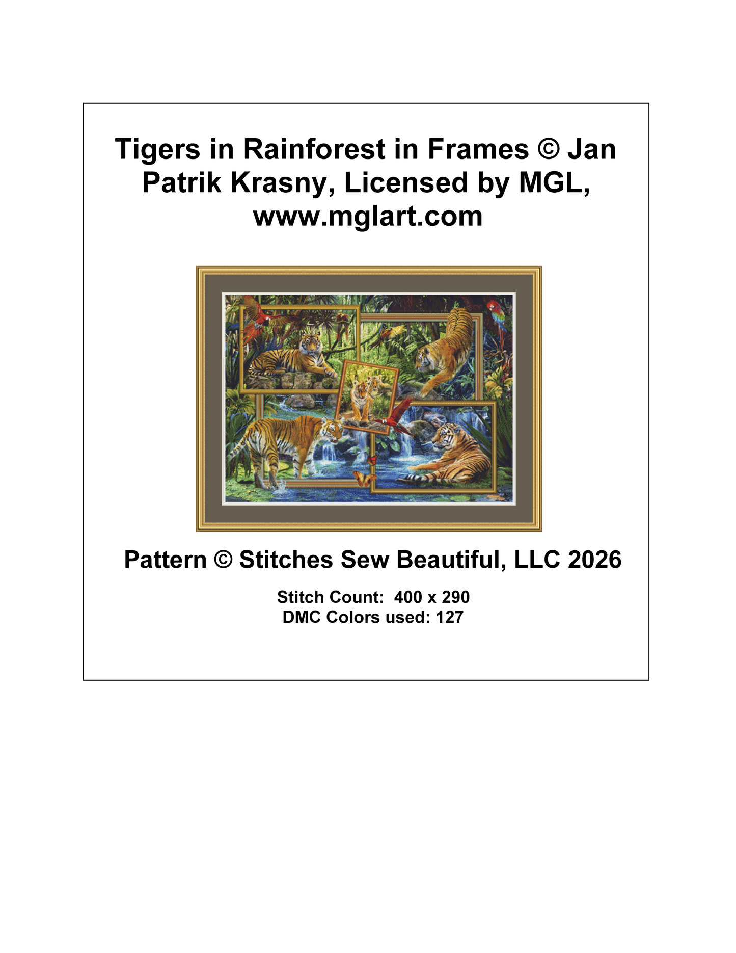 Tigers in Rainforest in Frames counted cross stitch pattern by Jan Patrik Krasny, Licensed by MGL, www.mglart.com