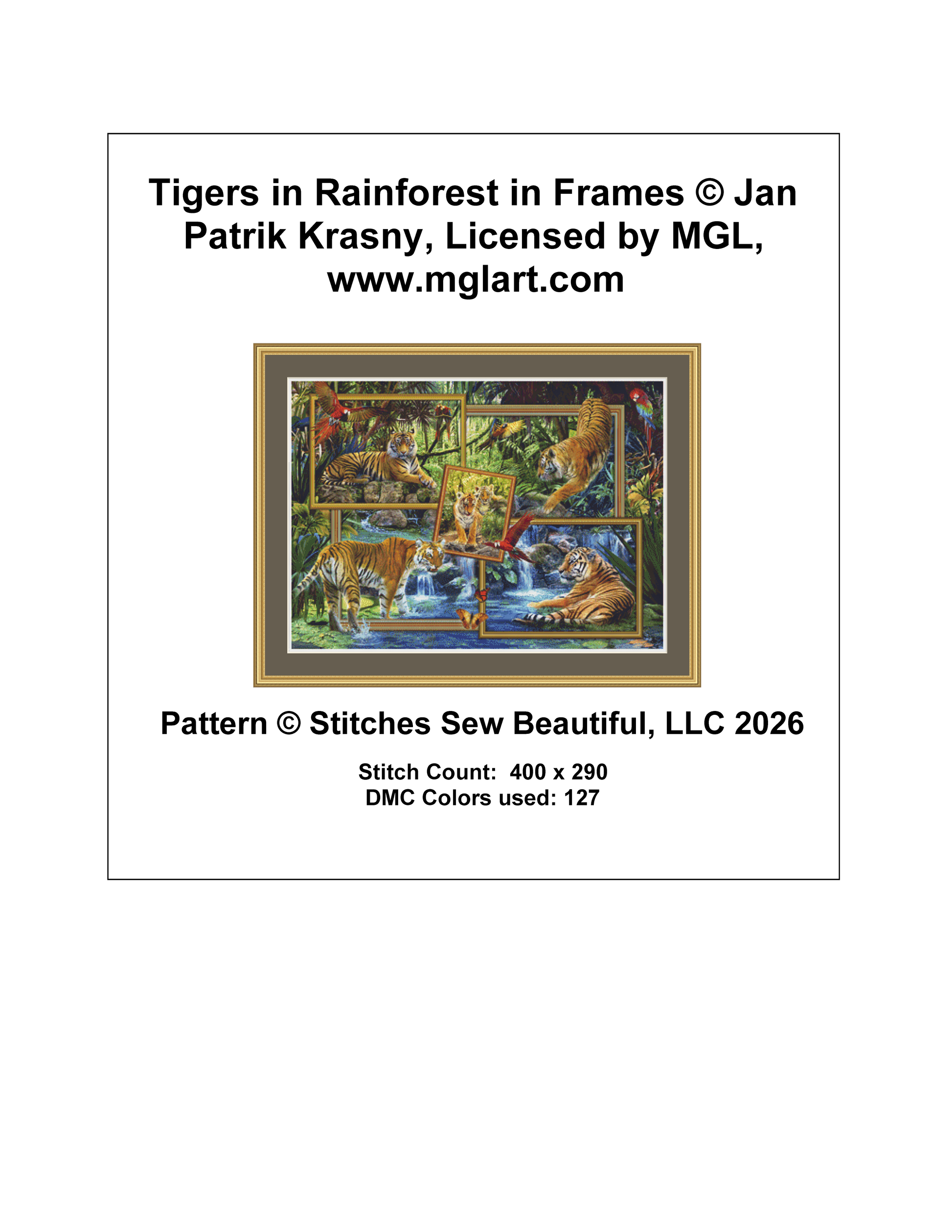 Tigers in Rainforest in Frames counted cross stitch pattern by Jan Patrik Krasny, Licensed by MGL, www.mglart.com