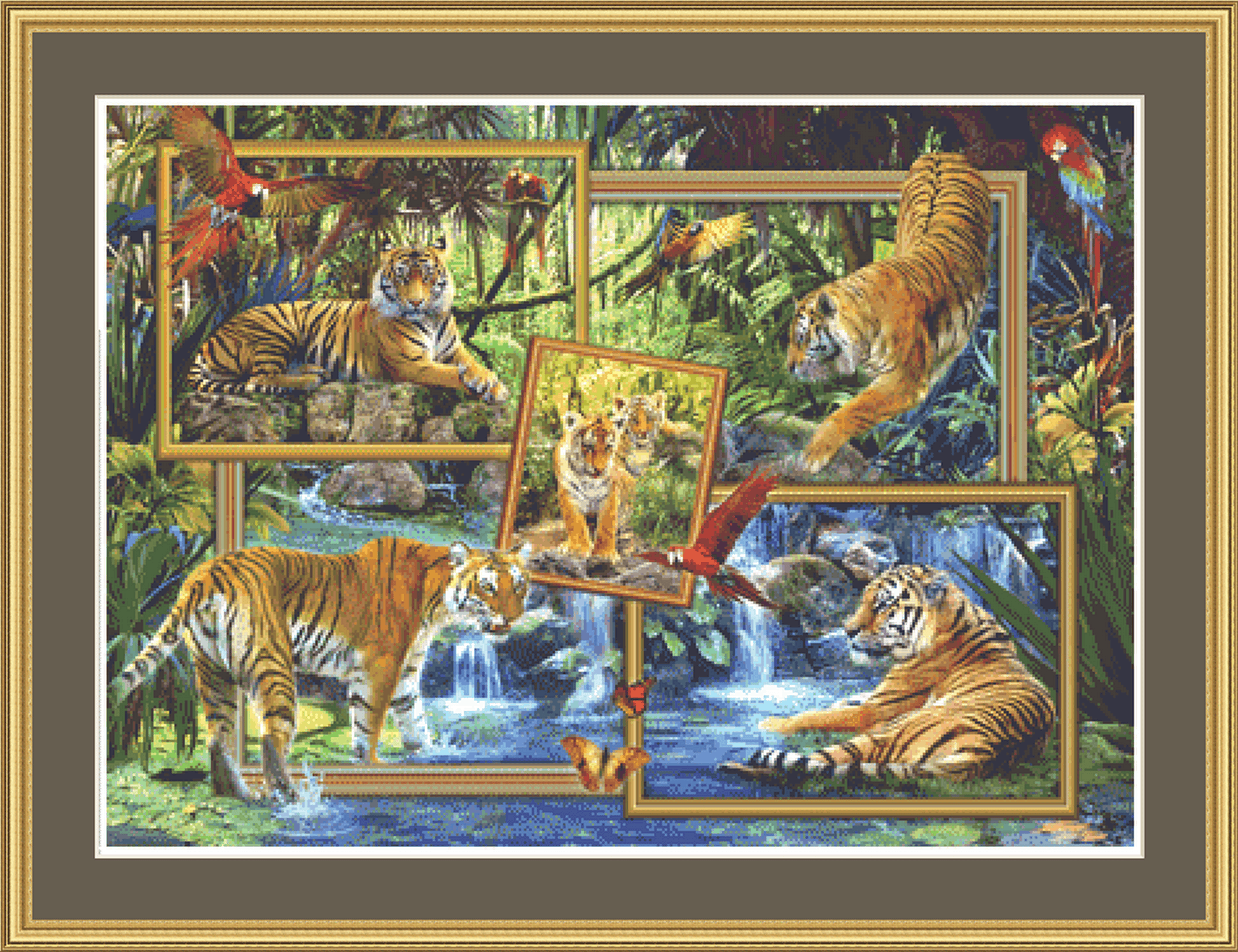 Tigers in Rainforest in Frames counted cross stitch pattern by Jan Patrik Krasny, Licensed by MGL, www.mglart.com