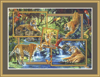 Tigers in Rainforest in Frames counted cross stitch pattern by Jan Patrik Krasny, Licensed by MGL, www.mglart.com