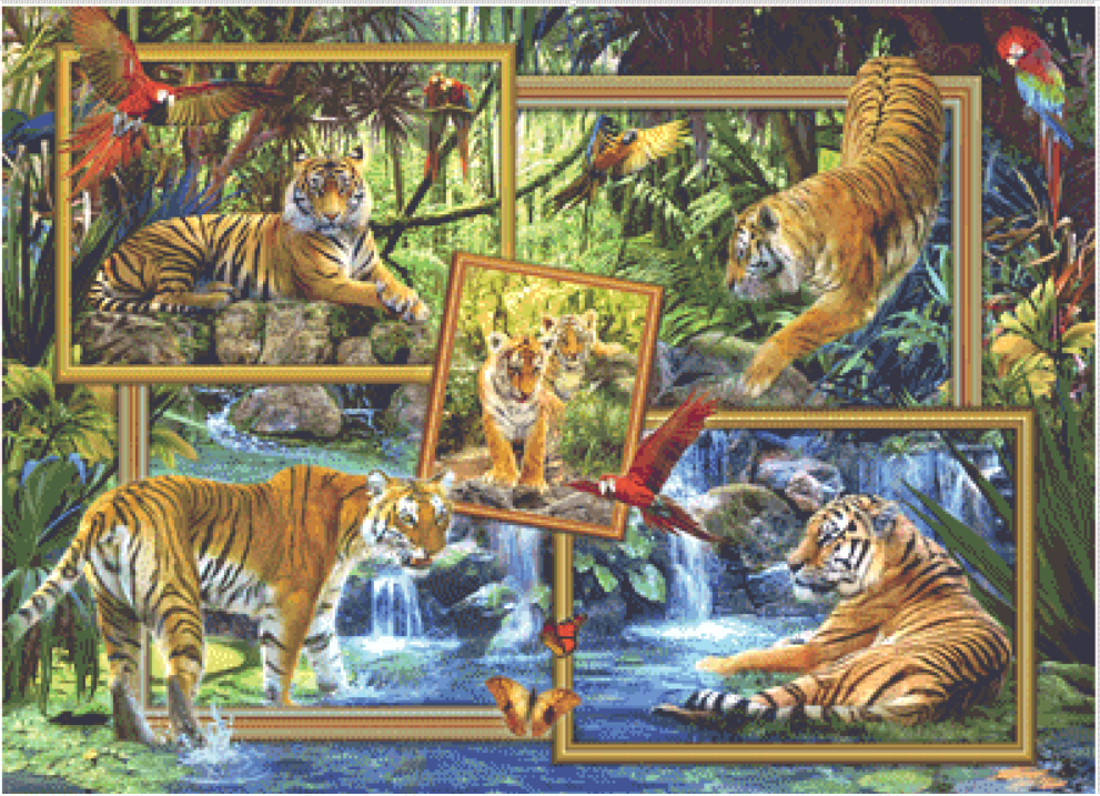 Tigers in Rainforest in Frames counted cross stitch pattern by Jan Patrik Krasny, Licensed by MGL, www.mglart.com