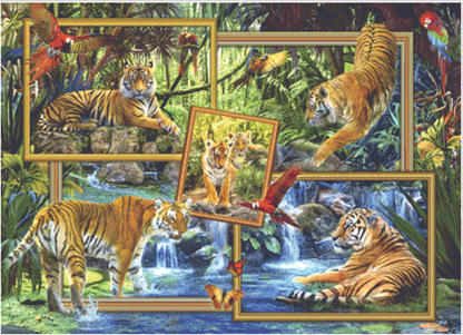 Tigers in Rainforest in Frames counted cross stitch pattern by Jan Patrik Krasny, Licensed by MGL, www.mglart.com