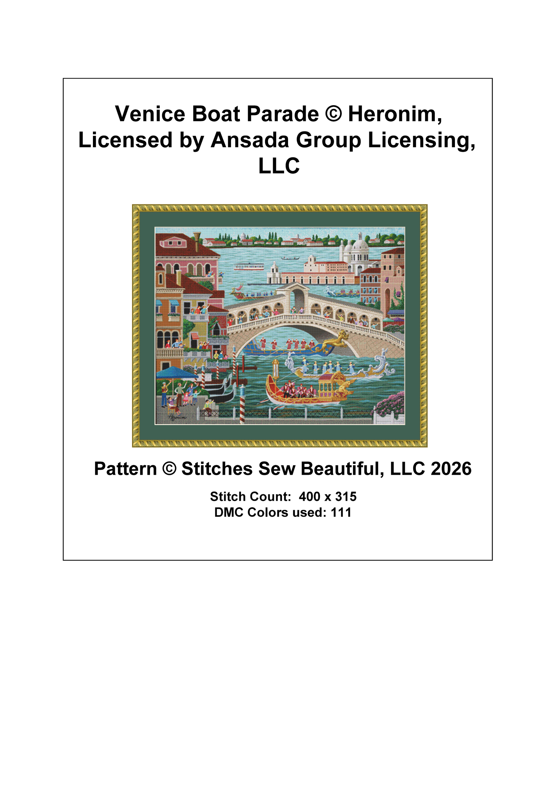 "Venice Boat Parade" cross stitch pattern by Heronim Licensed by Ansada Licensing Group, LLC