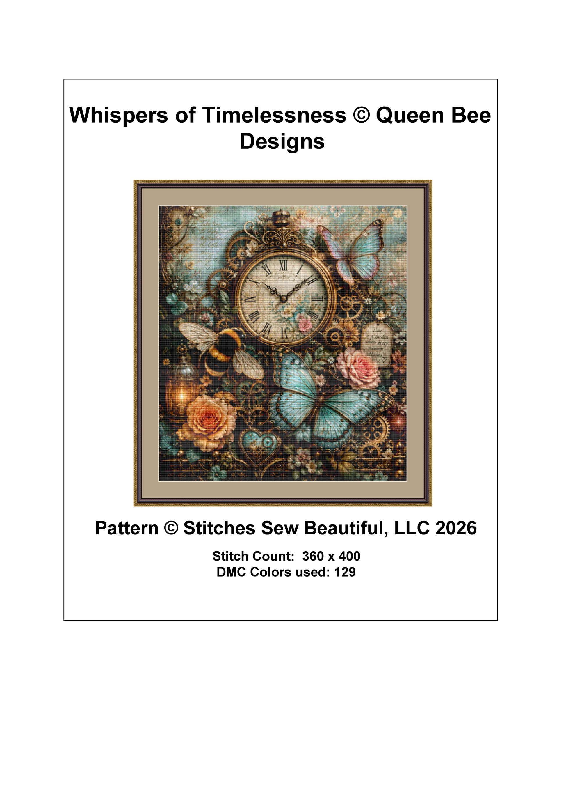 "Whispers of Timelessness" cross stitch pattern by Queen Bee Designs