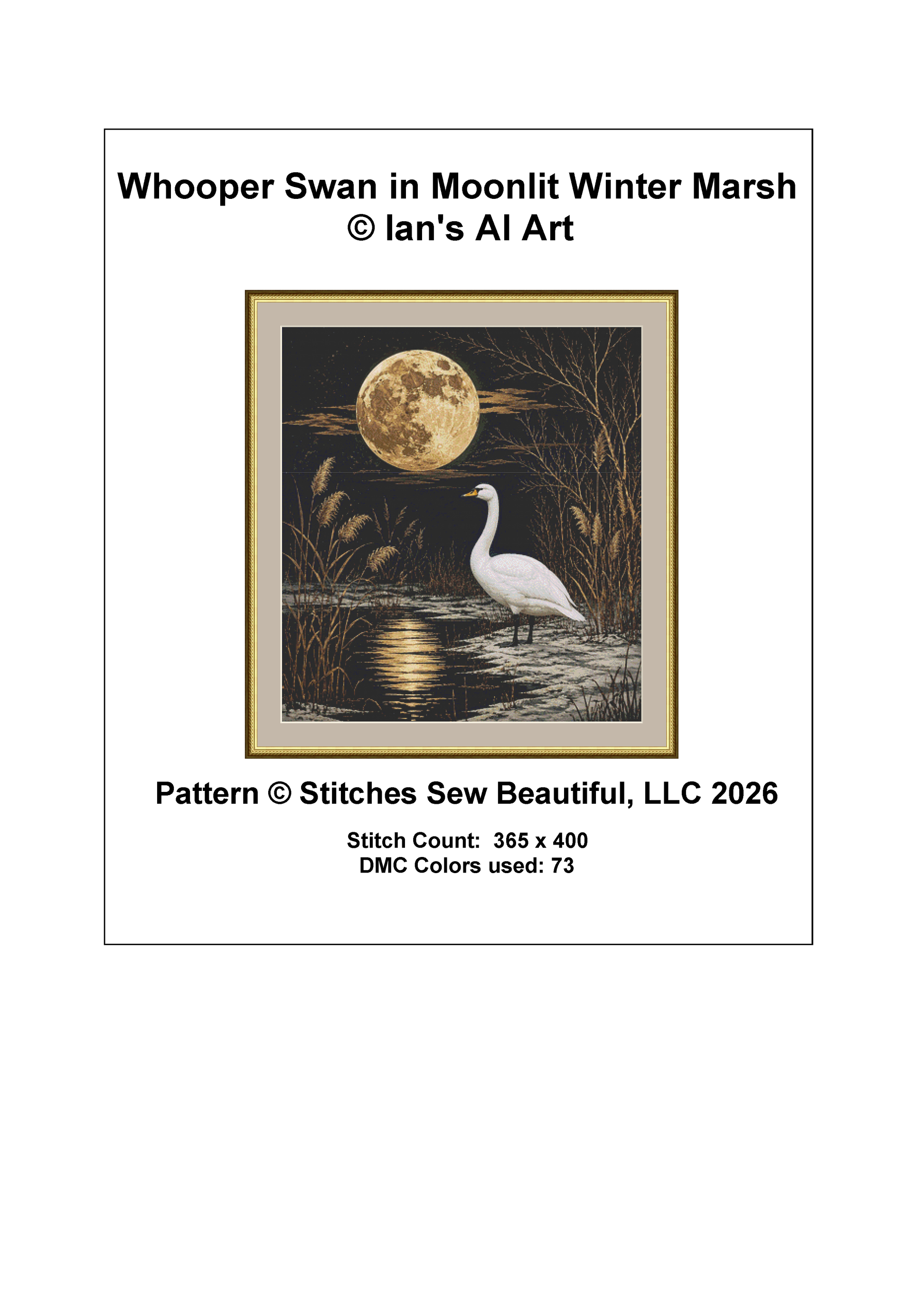 Whooper Swan in Moonlit Winter Marsh counted cross stitch pattern by Ian's AI Art