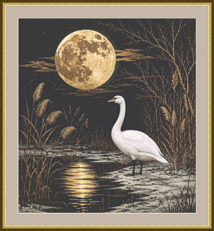 Whooper Swan in Moonlit Winter Marsh counted cross stitch pattern by Ian's AI Art