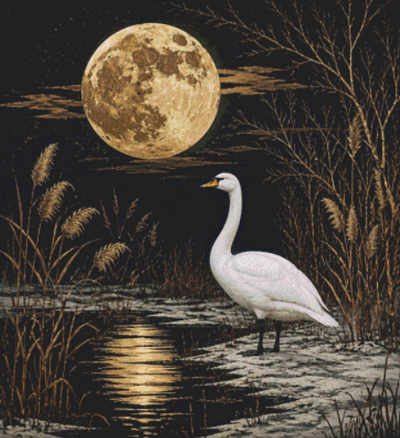 Whooper Swan in Moonlit Winter Marsh counted cross stitch pattern by Ian's AI Art