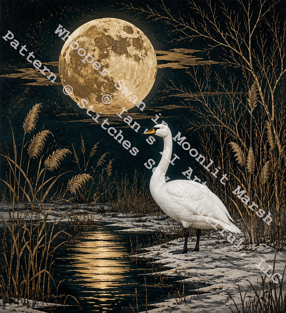 Whooper Swan in Moonlit Winter Marsh counted cross stitch pattern by Ian's AI Art