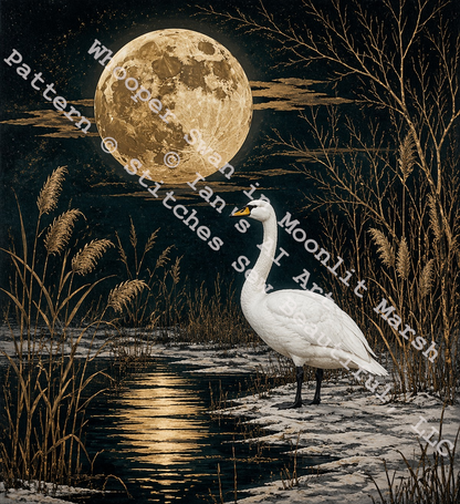 Whooper Swan in Moonlit Winter Marsh counted cross stitch pattern by Ian's AI Art