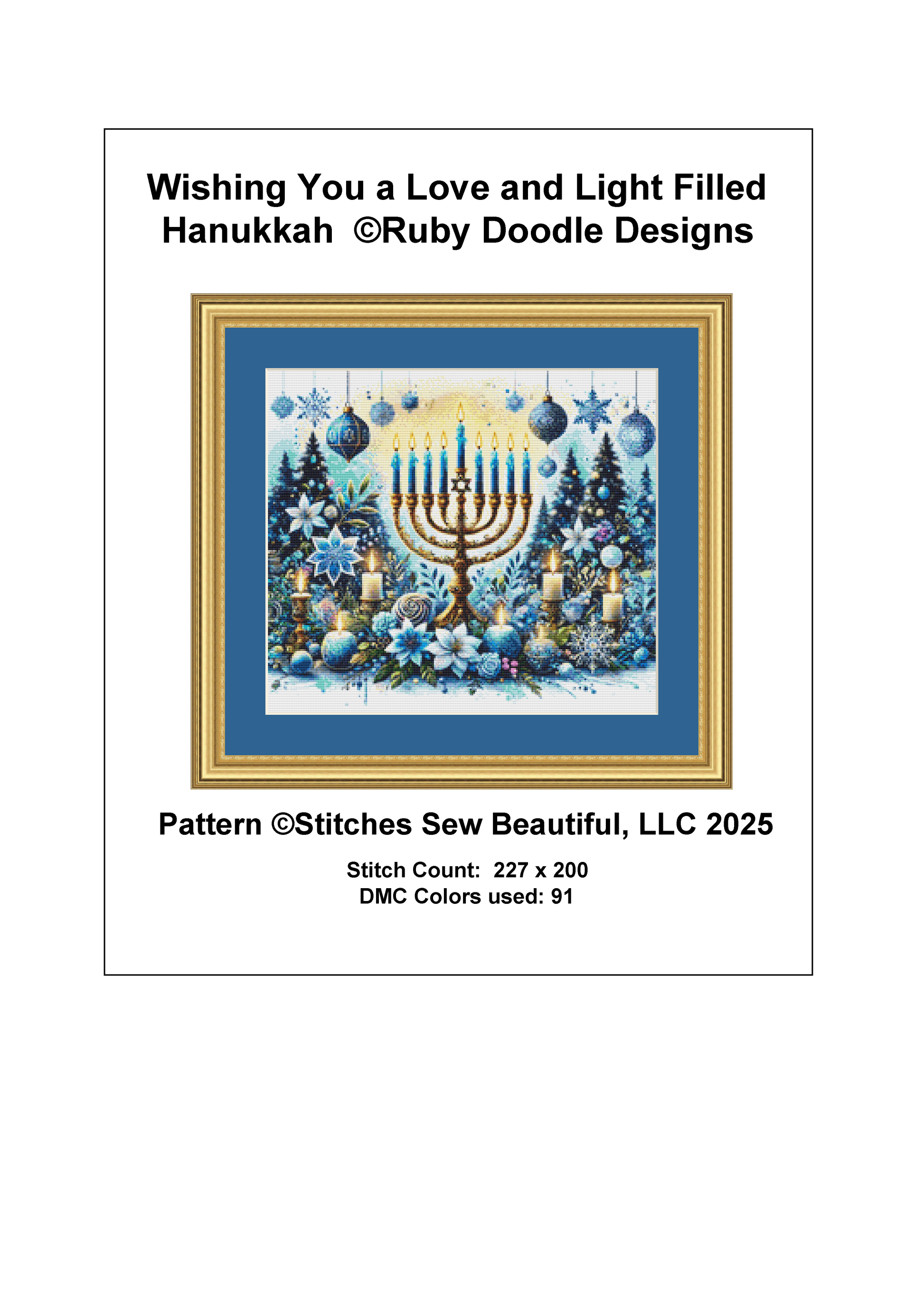 Wishing You a Love and Light Filled Hanukkah counted cross stitch pattern by Ruby Doodle Designs