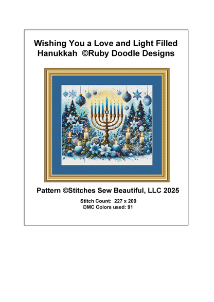 Wishing You a Love and Light Filled Hanukkah counted cross stitch pattern by Ruby Doodle Designs