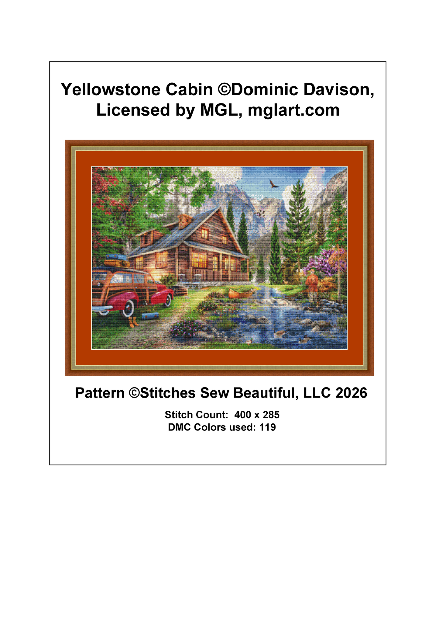 Yellowstone Cabin counted cross stitch pattern by Dominic Davison, Licensed by MGL, www.mglart.com