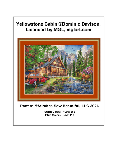 Yellowstone Cabin counted cross stitch pattern by Dominic Davison, Licensed by MGL, www.mglart.com
