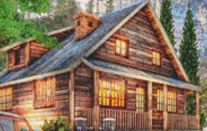 Yellowstone Cabin counted cross stitch pattern by Dominic Davison, Licensed by MGL, www.mglart.com