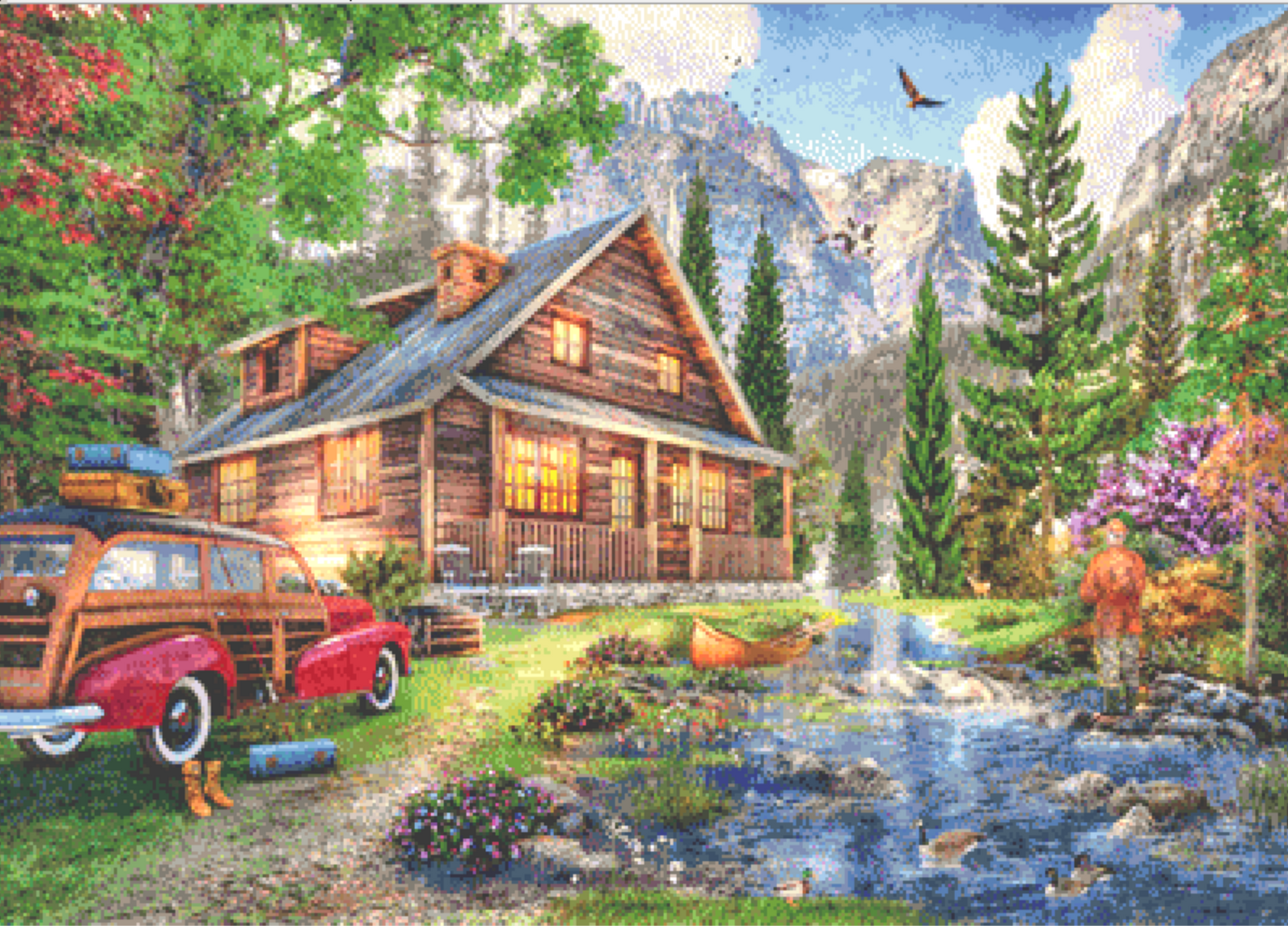 Yellowstone Cabin counted cross stitch pattern by Dominic Davison, Licensed by MGL, www.mglart.com