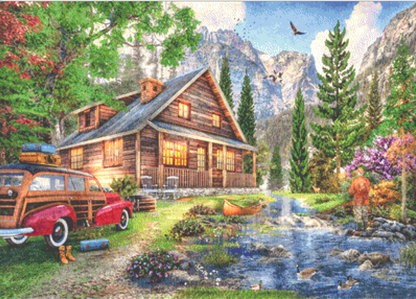 Yellowstone Cabin counted cross stitch pattern by Dominic Davison, Licensed by MGL, www.mglart.com