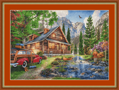 Yellowstone Cabin counted cross stitch pattern by Dominic Davison, Licensed by MGL, www.mglart.com