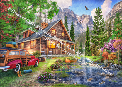Yellowstone Cabin counted cross stitch pattern by Dominic Davison, Licensed by MGL, www.mglart.com