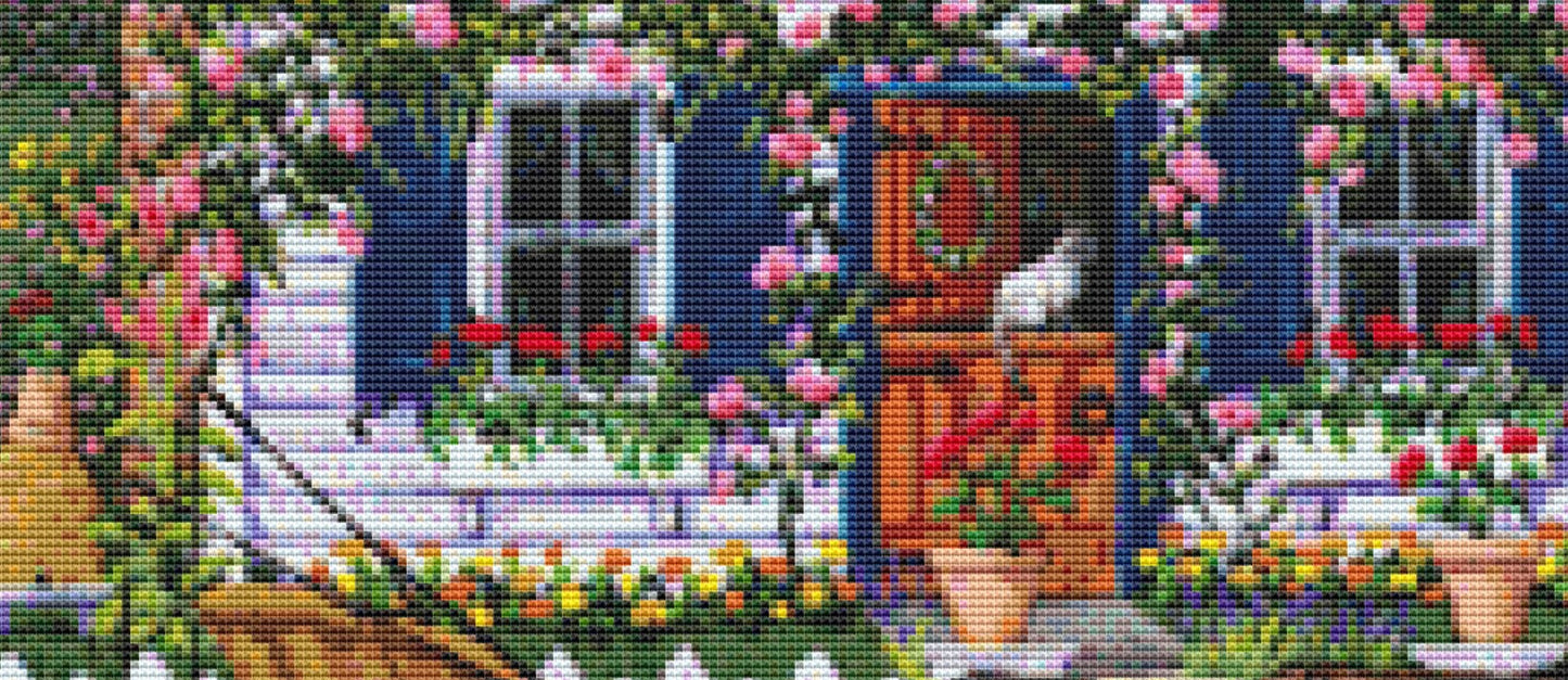 Rambling Rose Cottage cross stitch pattern by Joseph Holodook/Porterfields Fine Art Licensing
