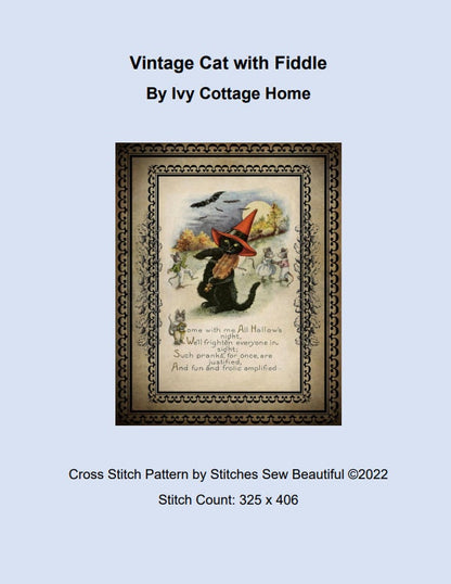 Vintage Cat with Fiddle cross stitch pattern by IvyCottageHome