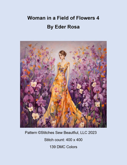 Woman in a Field of Flowers 4 cross stitch pattern by Eder Jose Rosa