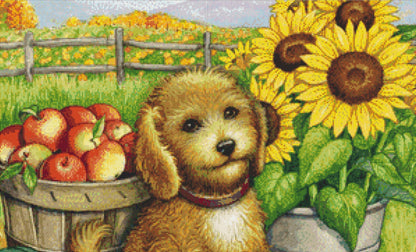 Fall Cockapoo cross stitch pattern by Rose Mary Berlin/Ansada Art Licensing Group, LLC
