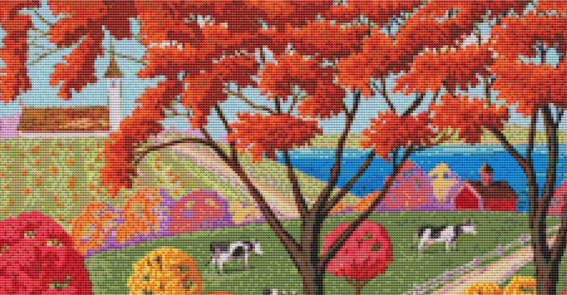 Pumpkin Cottage cross stitch pattern by Joseph Holodook/Porterfields Fine Art Licensing