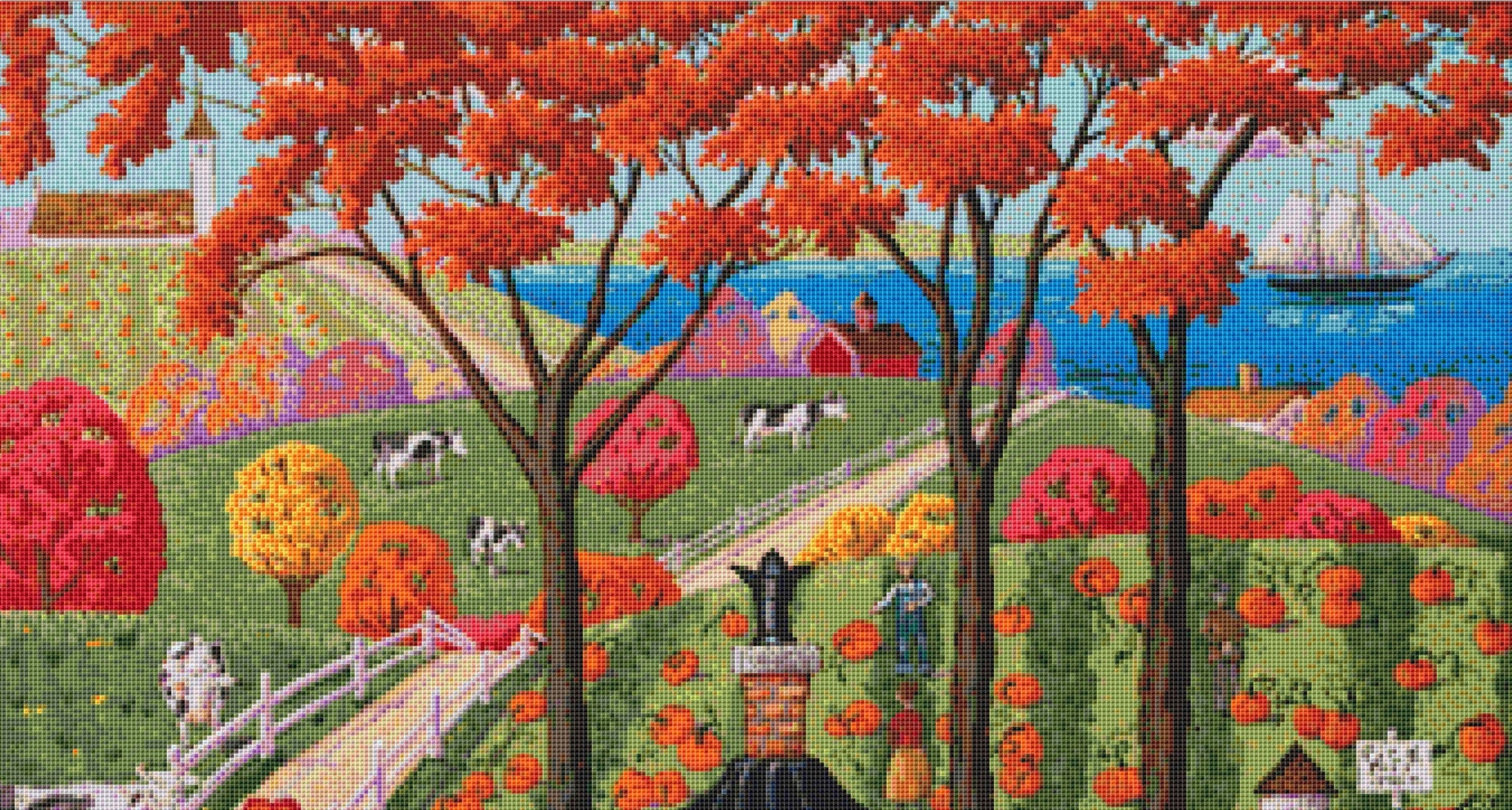 Pumpkin Cottage cross stitch pattern by Joseph Holodook/Porterfields Fine Art Licensing