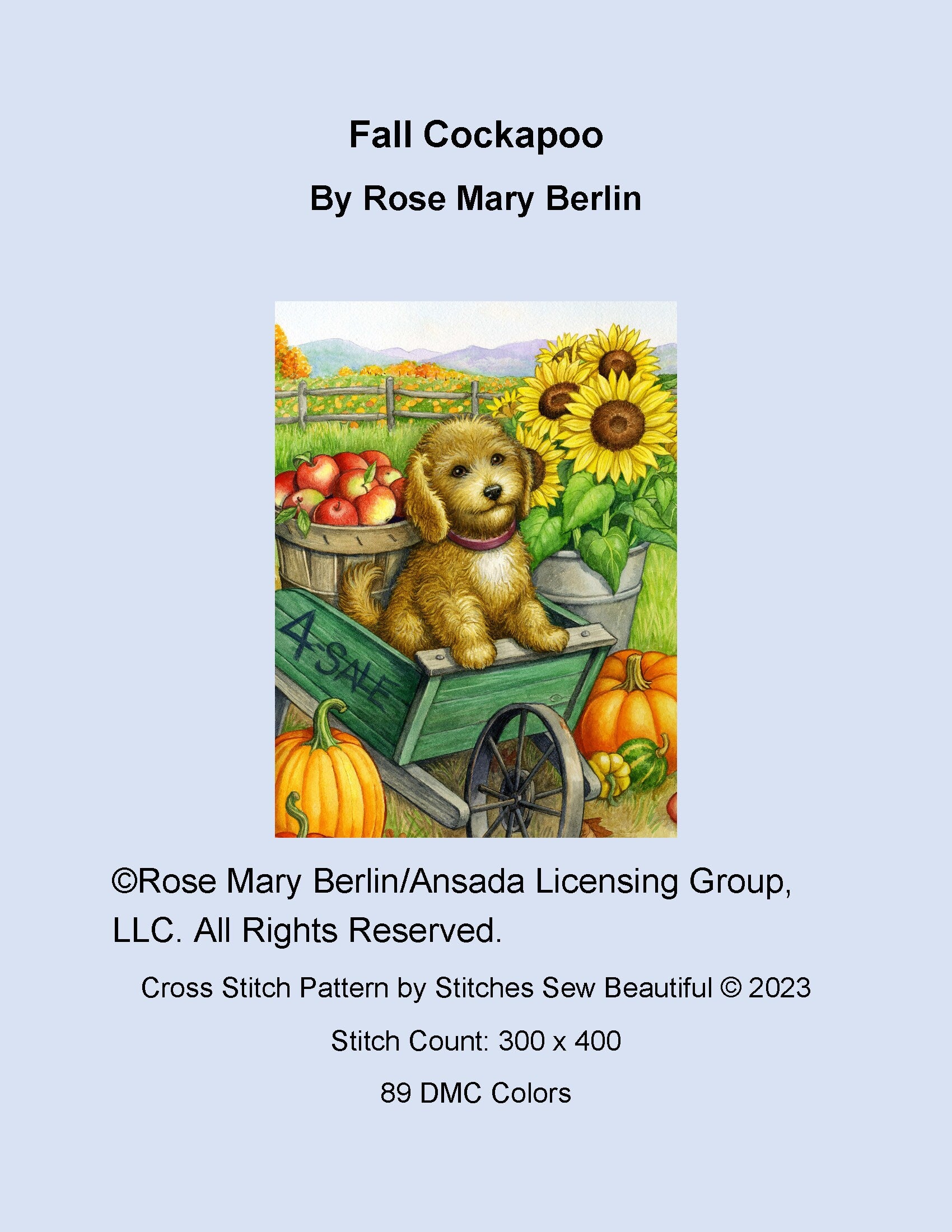 Fall Cockapoo cross stitch pattern by Rose Mary Berlin/Ansada Art Licensing Group, LLC
