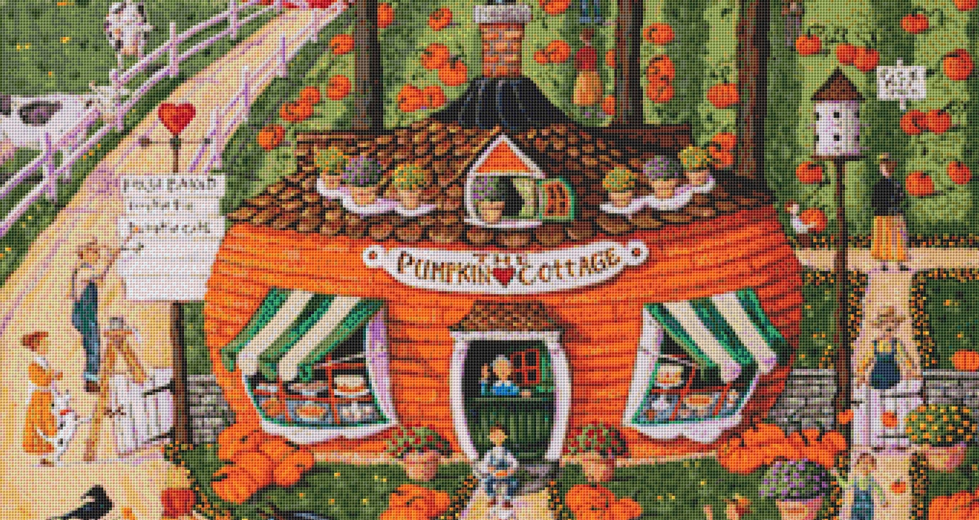 Pumpkin Cottage cross stitch pattern by Joseph Holodook/Porterfields Fine Art Licensing