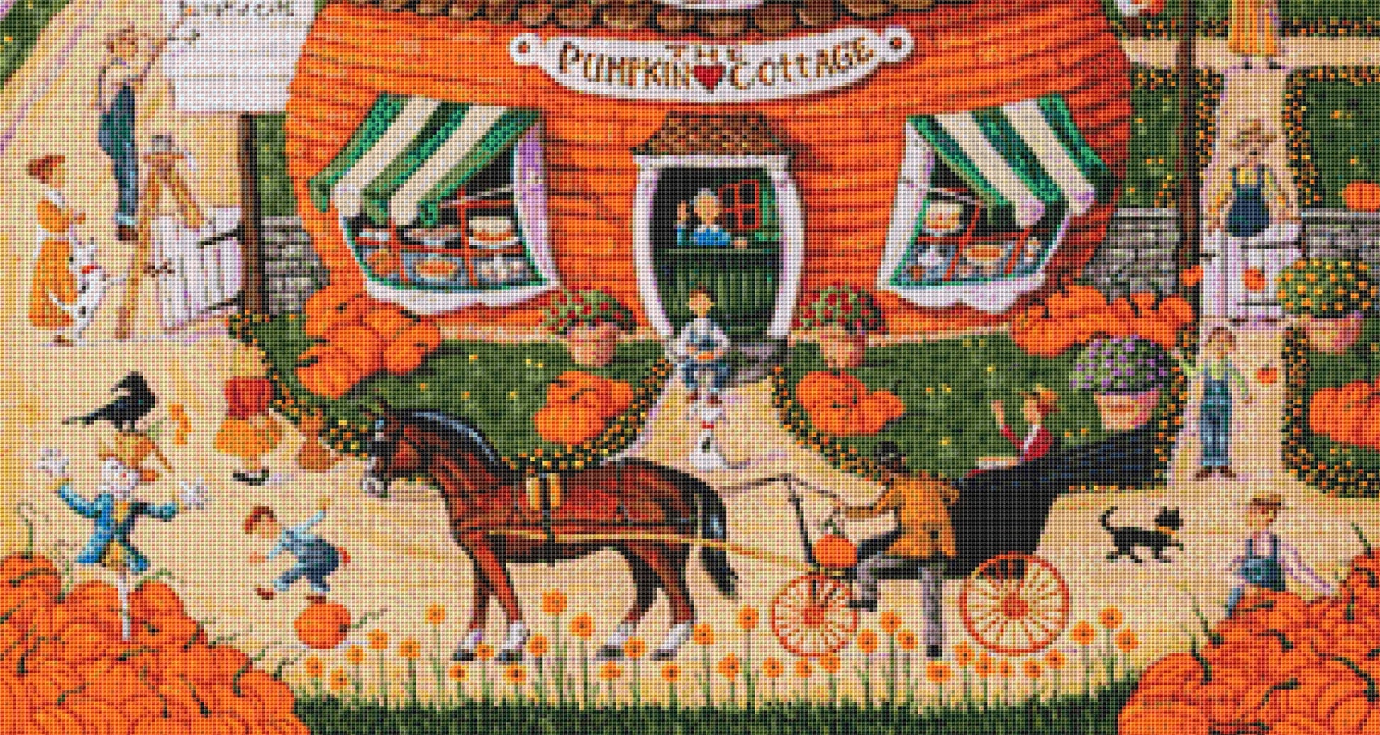 Pumpkin Cottage cross stitch pattern by Joseph Holodook/Porterfields Fine Art Licensing