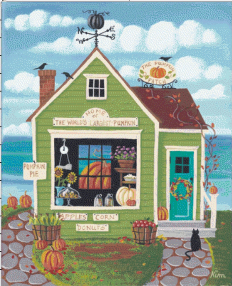 Pumpkin Patch Market cross stitch pattern by Kim Leo licensed by JMS Art Licensing