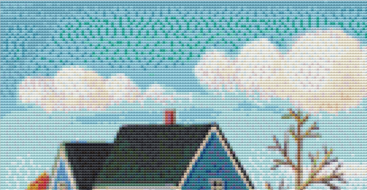 Pumpkins on Pebble Lane cross stitch pattern by Kim Leo licensed by JMS Art Licensing