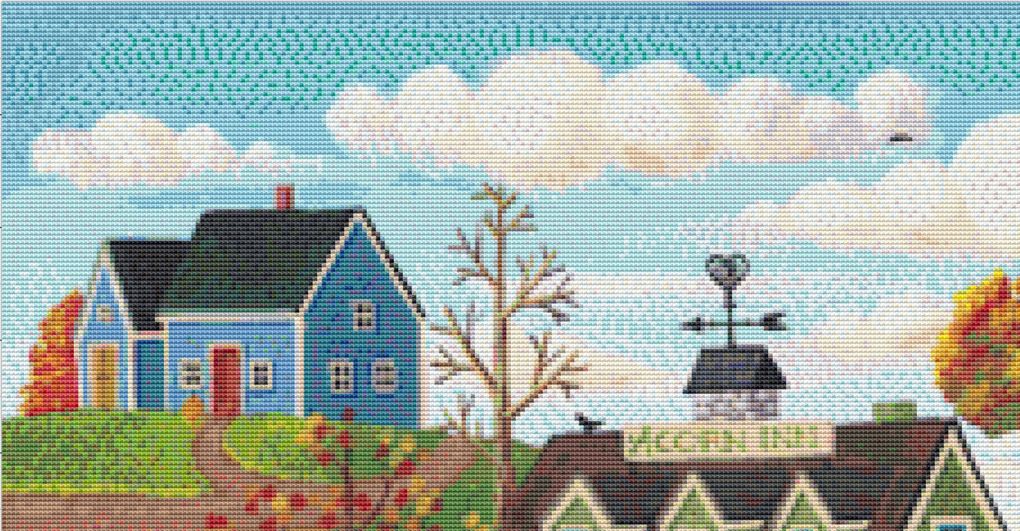 Pumpkins on Pebble Lane cross stitch pattern by Kim Leo licensed by JMS Art Licensing
