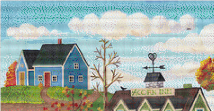 Pumpkins on Pebble Lane cross stitch pattern by Kim Leo licensed by JMS Art Licensing