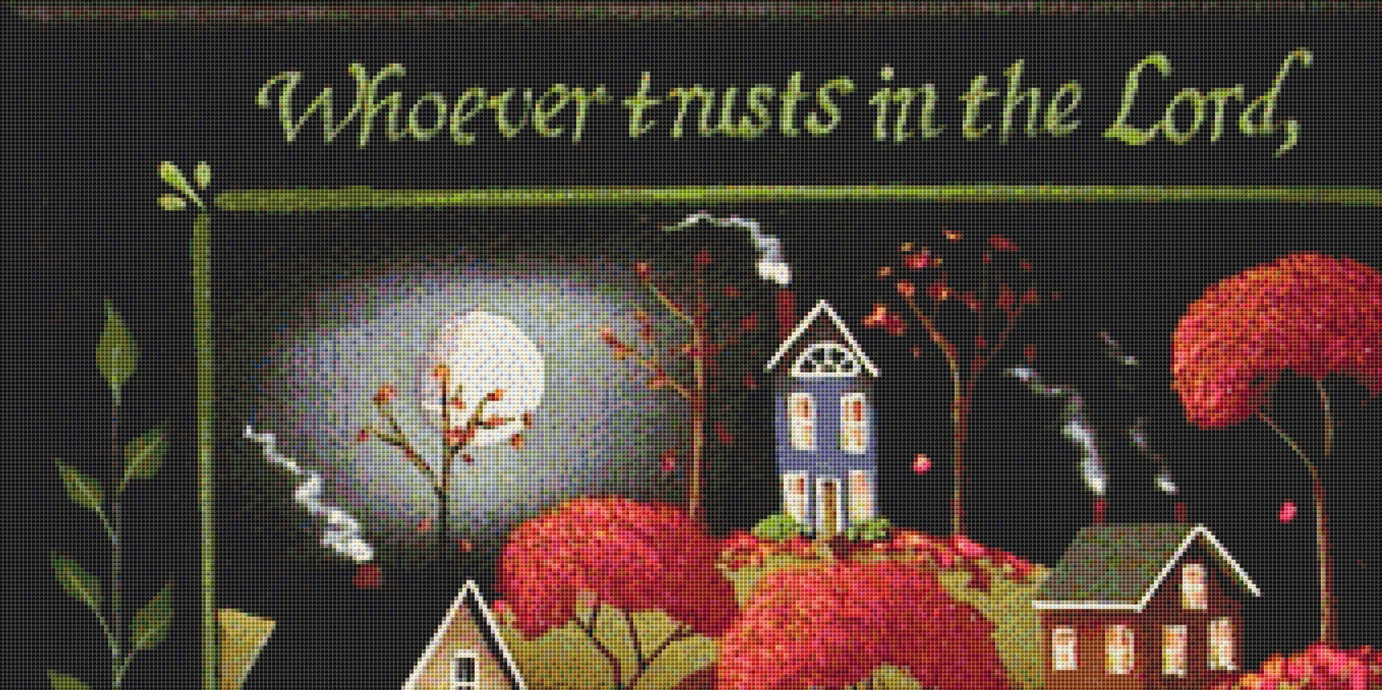 Moonlight in Cottage Grove cross stitch pattern by Catherine Holman/Ansada Art Licensing Group, LLC.