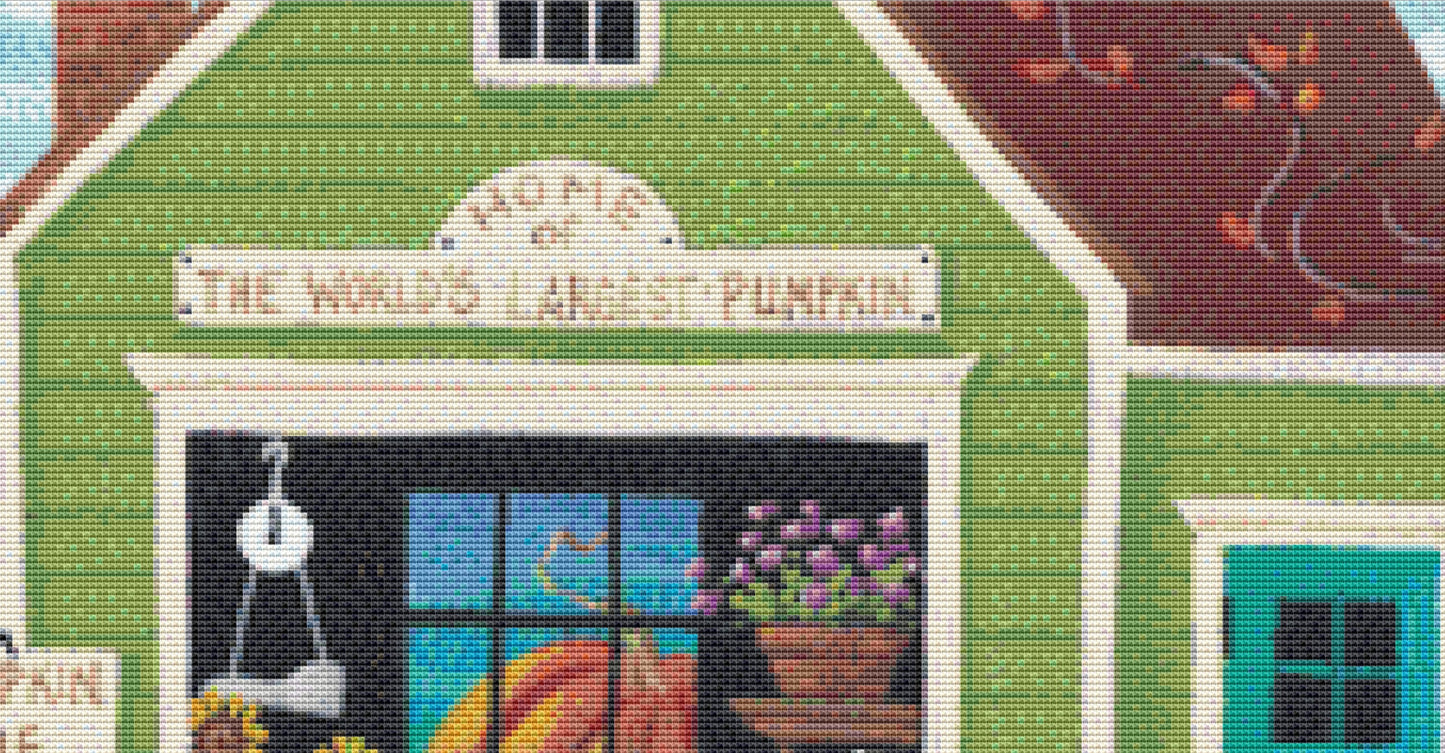 Pumpkin Patch Market cross stitch pattern by Kim Leo licensed by JMS Art Licensing