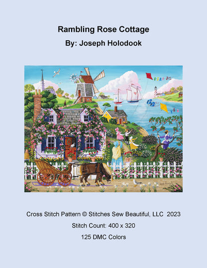 Rambling Rose Cottage cross stitch pattern by Joseph Holodook/Porterfields Fine Art Licensing