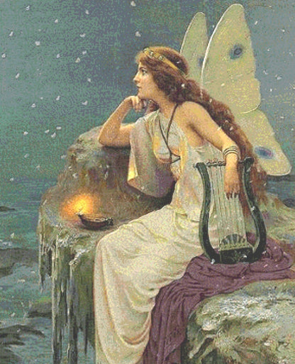 Fairy at Night Vintage Postcard cross stitch pattern by StitchesSewBeautiful