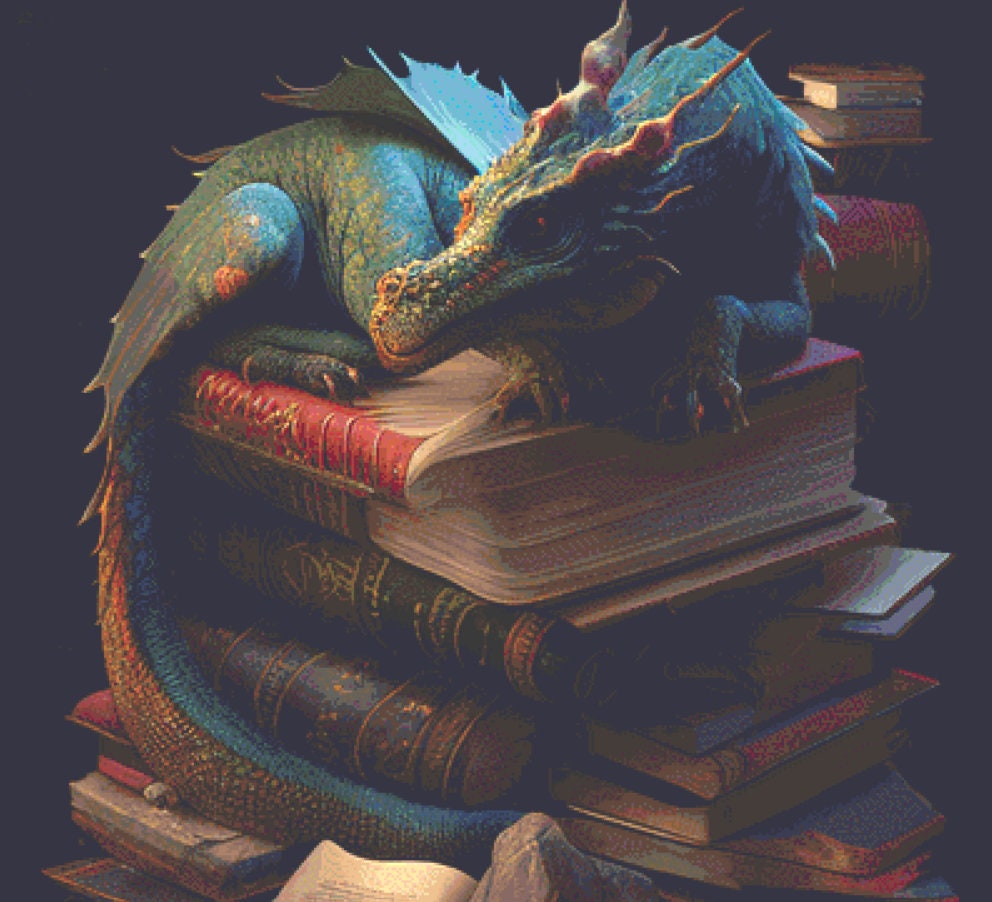 A Little Dragon and Books cross stitch pattern © Adobe Ext. License