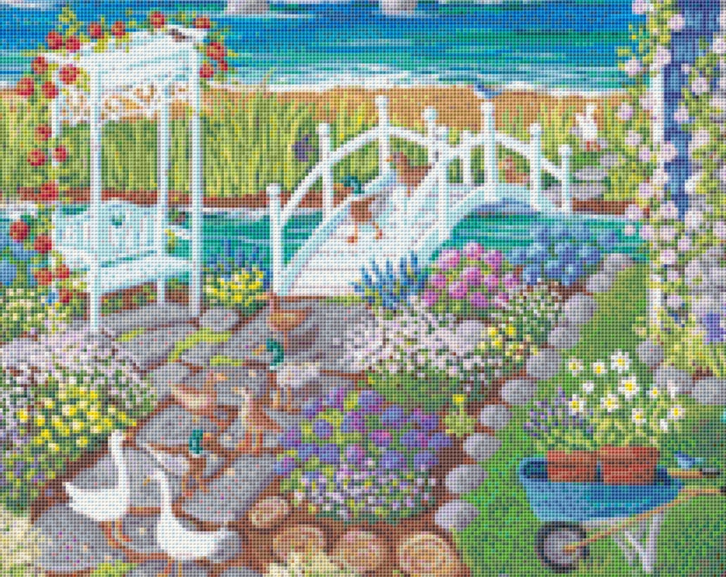 Garden Party cross stitch pattern by Kim Leo licensed by JMS Art Licensing