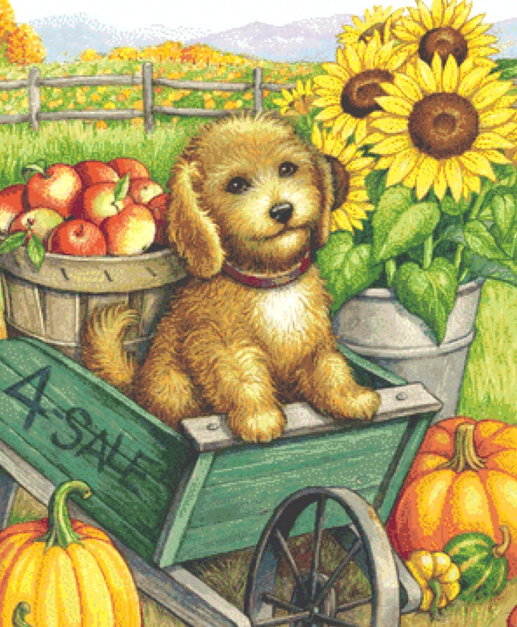 Fall Cockapoo cross stitch pattern by Rose Mary Berlin/Ansada Art Licensing Group, LLC